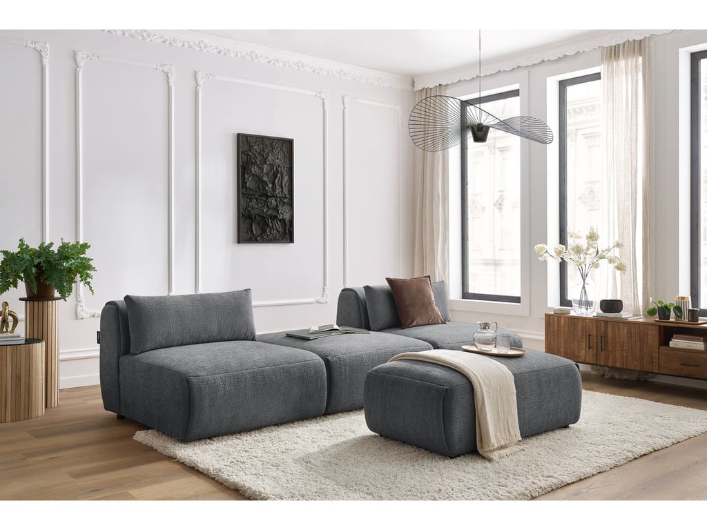 Produit similaire: Canapé droit fixe 3 places JEANNE avec pouf tissu texturé gris foncé BOBOCHIC 4 places