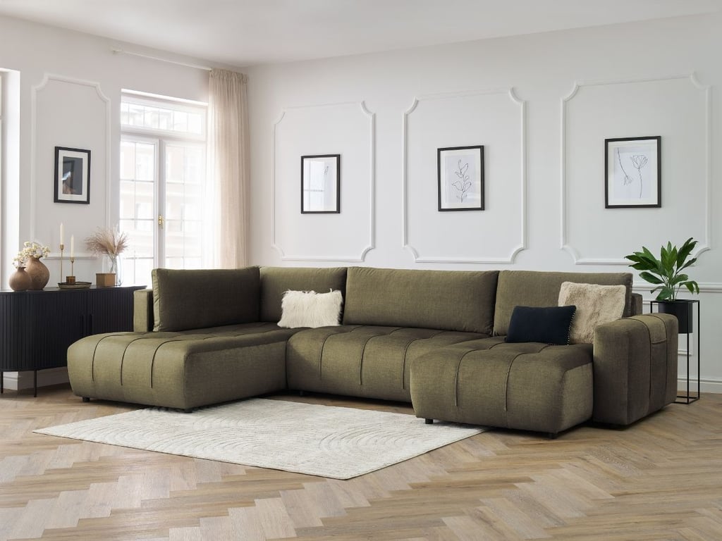 Produit similaire: Canapé panoramique convertible coffre ARSENE tissu velours vert angle droit BOBOCHIC 5 places