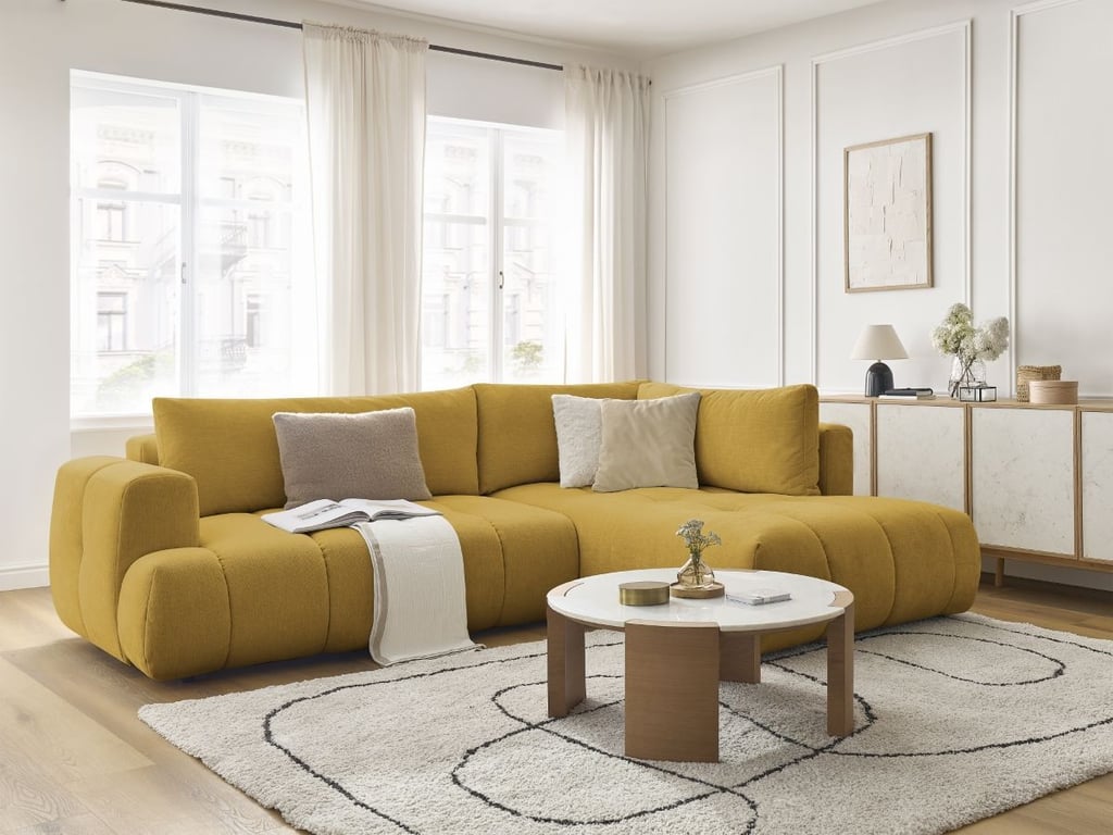 Produit similaire: Canapé d'angle L convertible FUJI tissu lisse jaune angle droit BOBOCHIC 4 places