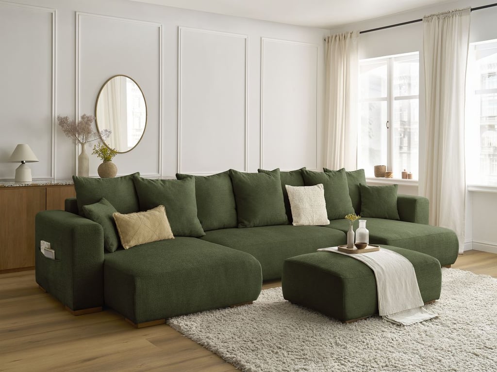 Produit similaire: Canapé panoramique convertible coffre SIDONIE tissu chiné avec pouf vert BOBOCHIC 5 places