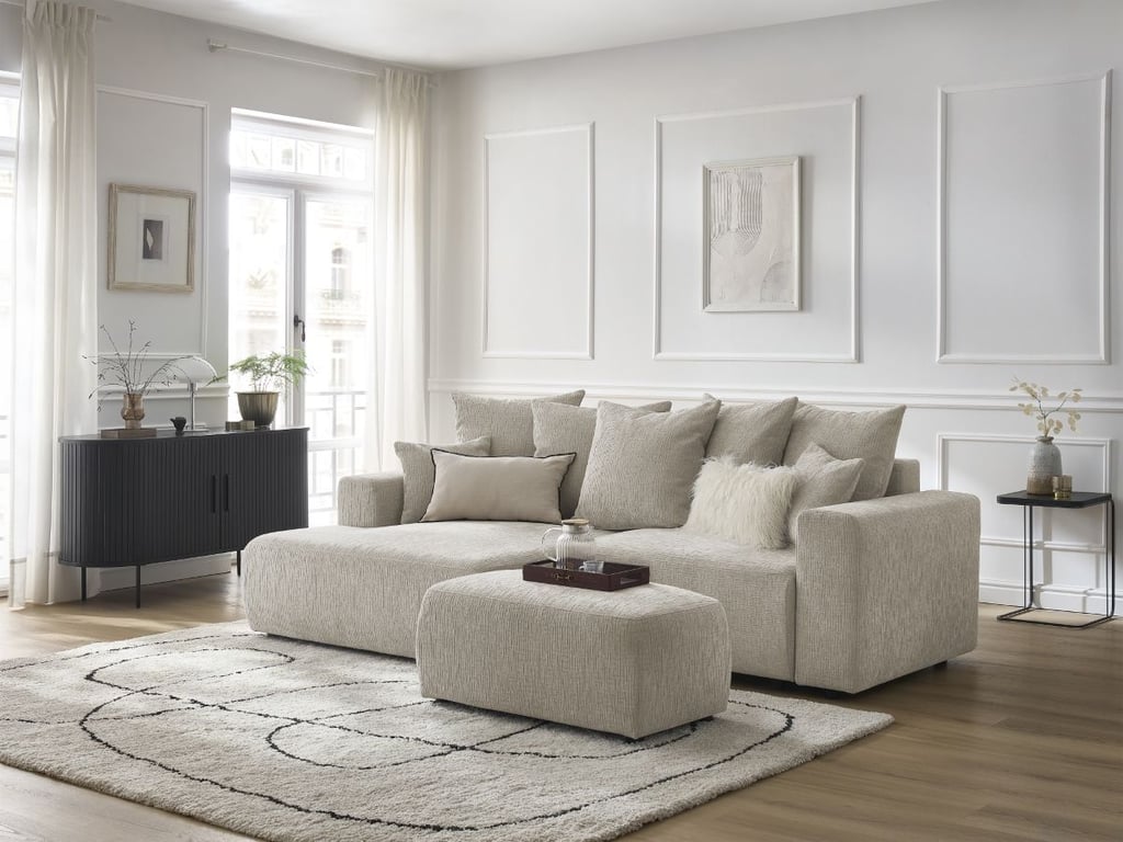 Produit similaire: Canapé d'angle convertible coffre ATILLA tissu texturé avec pouf beige angle gauche BOBOCHIC 5 places