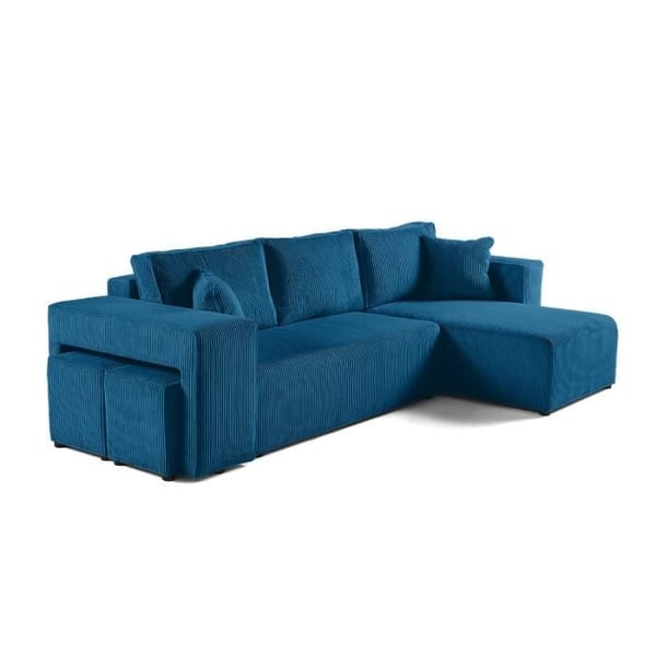 Topaze - canapé d'angle réversible 4 places - convertible avec coffre, tablette et poufs - en velours côtelé - Vert Kaki