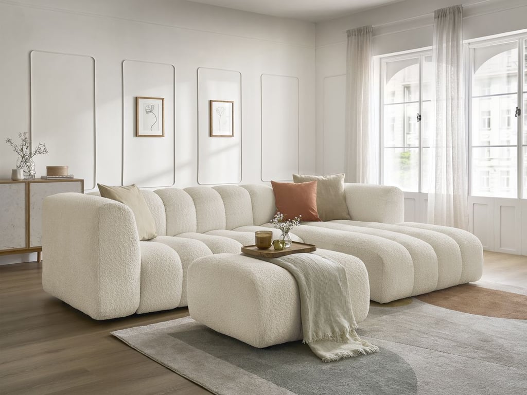 Produit similaire: Canapé d'angle fixe TALIA tissu bouclette avec pouf beige angle droit BOBOCHIC 4 places