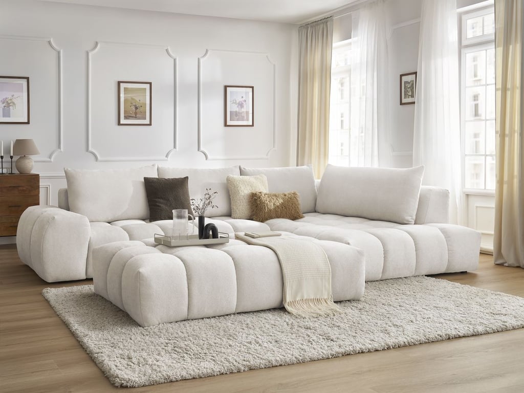 Produit similaire: Canapé d'angle fixe EVEREST tissu texturé avec pouf blanc angle droit BOBOCHIC 5 places