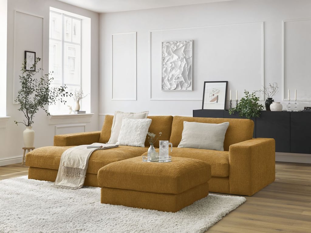 Produit similaire: Canapé d'angle fixe compact LEONARD tissu texturé avec pouf jaune angle gauche BOBOCHIC 4 places