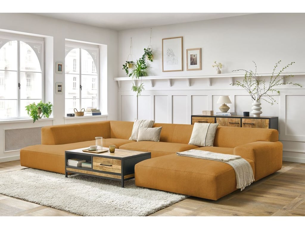 Produit similaire: Canapé panoramique fixe compact LAVENA tissu velours jaune angle droit BOBOCHIC 6 places