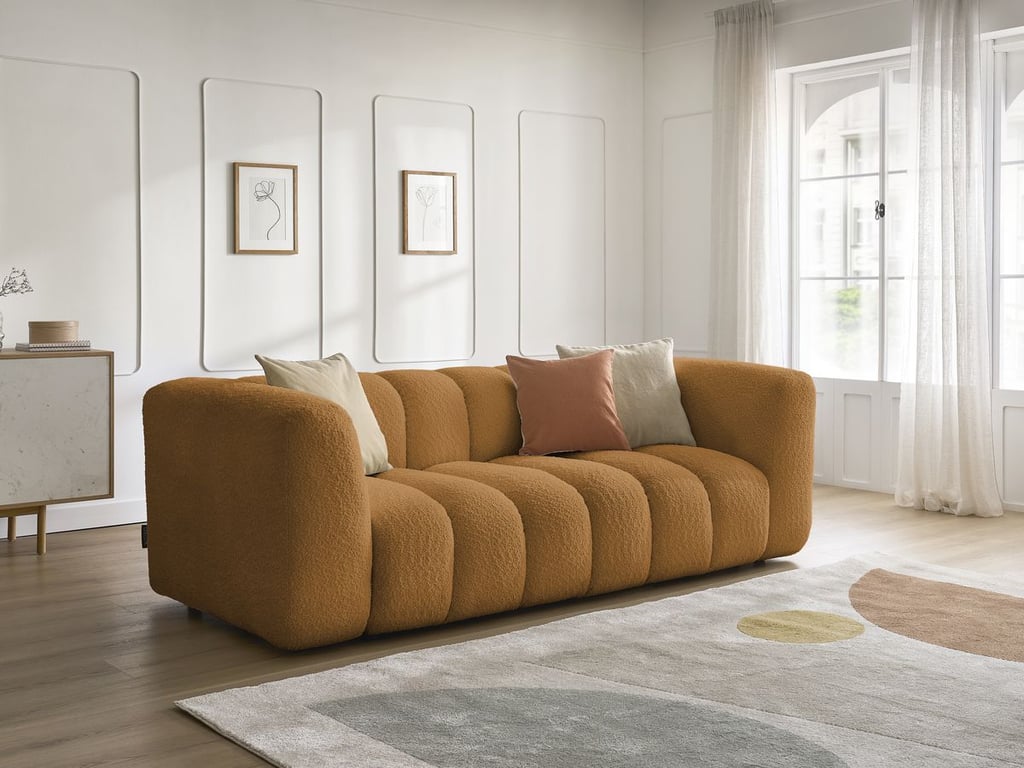 Produit similaire: Canapé droit fixe 3 places TALIA tissu bouclette jaune BOBOCHIC