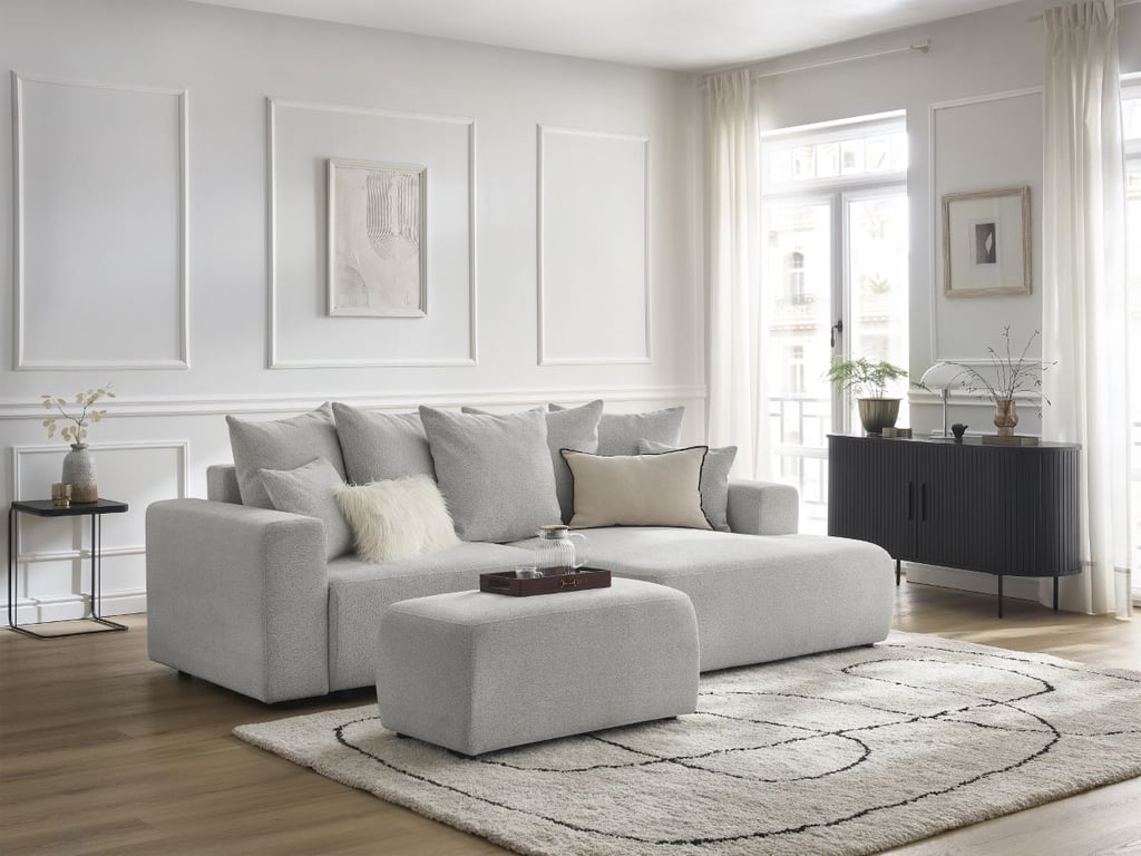 Produit similaire: Canapé d'angle convertible coffre ATILLA tissu chiné avec pouf gris clair angle droit BOBOCHIC 5 places