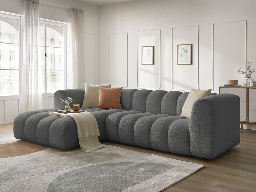 Produit similaire: Canapé d'angle fixe TALIA tissu bouclette gris foncé angle gauche BOBOCHIC 4 places