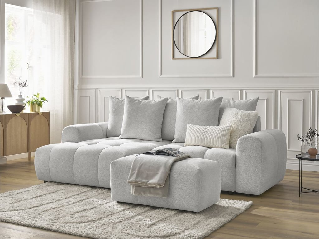 Produit similaire: Canapé d'angle convertible coffre ROXELANE tissu chiné avec pouf gris clair angle gauche BOBOCHIC 3 places