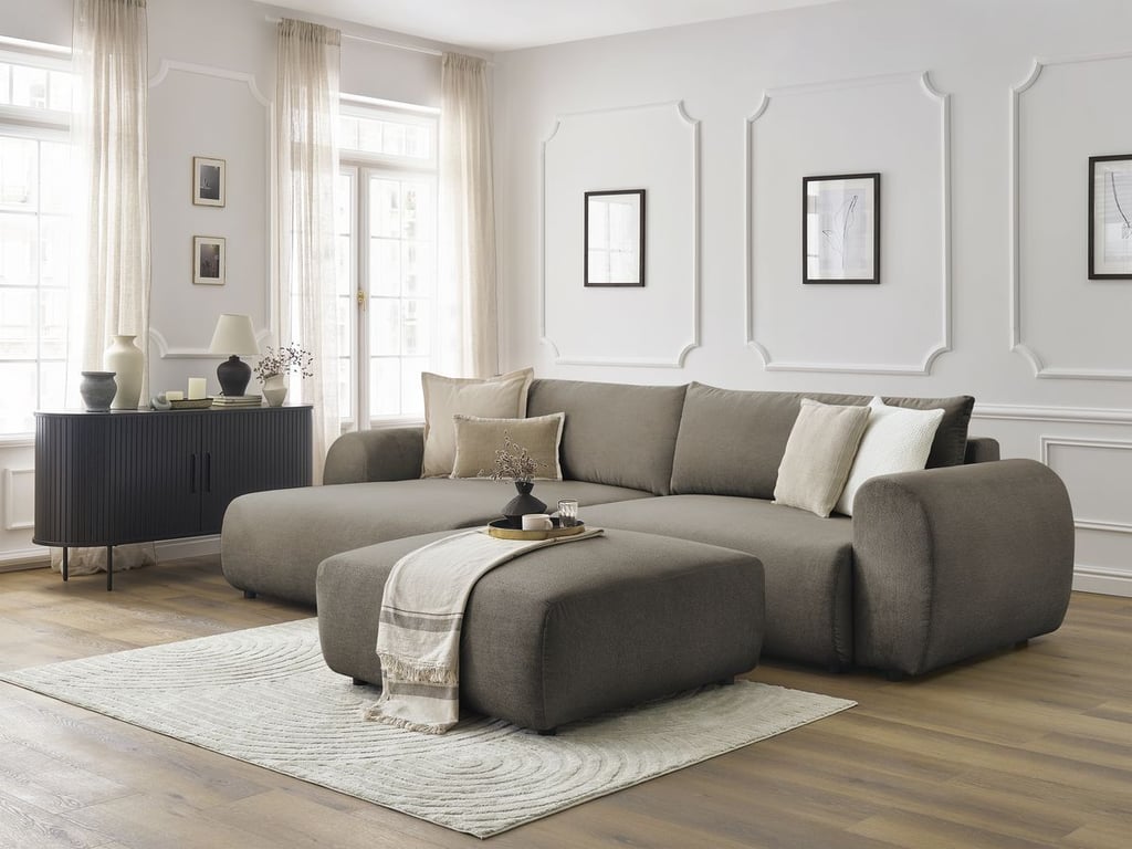 Produit similaire: Canapé d'angle convertible coffre LUCIEN tissu lisse avec pouf taupe angle gauche BOBOCHIC 5 places
