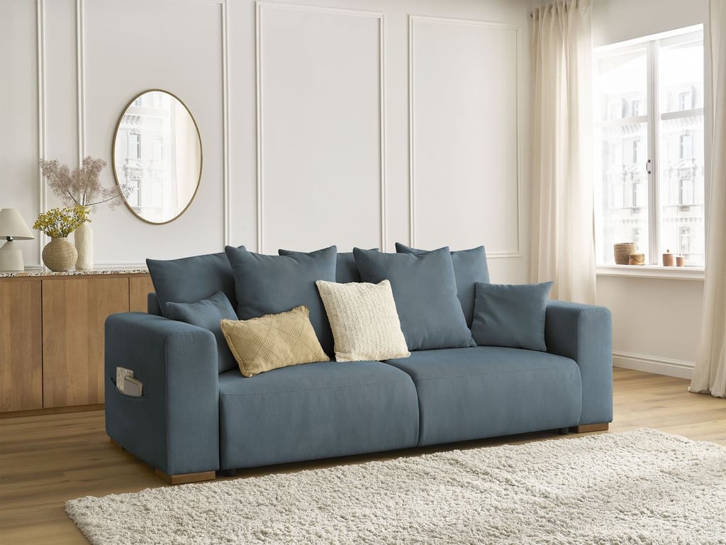 Produit similaire: Canapé droit convertible SIDONIE velours côtelé bleu foncé BOBOCHIC 3 places