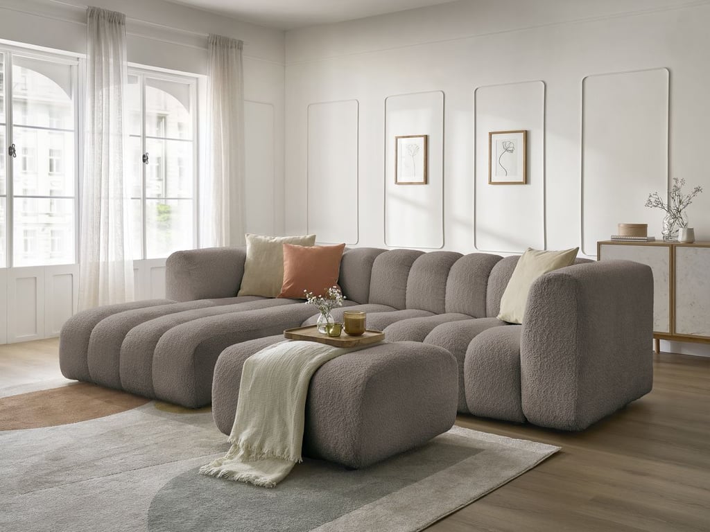 Produit similaire: Canapé d'angle fixe TALIA tissu bouclette avec pouf marron angle gauche BOBOCHIC 4 places