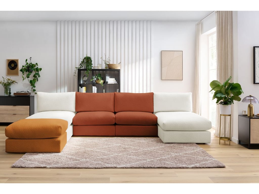Produit similaire: Canapé panoramique fixe 100% modulable PARIS tissu bouclette avec 2 chauffeuses, 2 méridiennes, 1 pouf multicolore panoramique BOBOCHIC 6 places