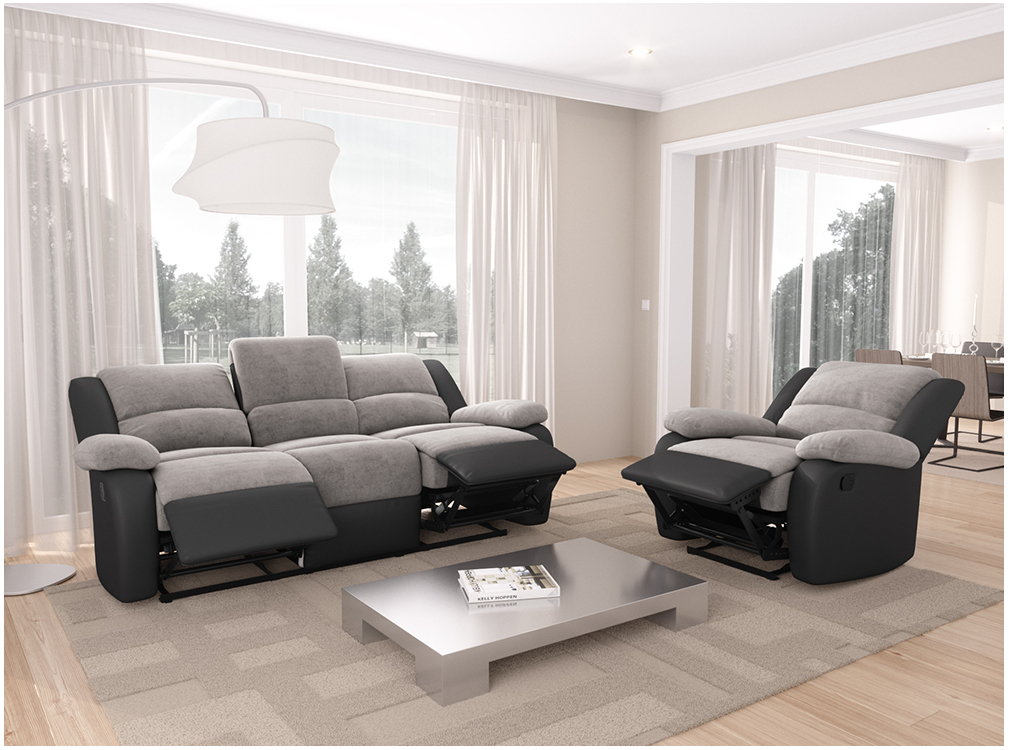 RELAXXO - Ensemble de Canapés Relaxation manuel 3 places et 1 place LEO Microfibre Grise / Simili Noir