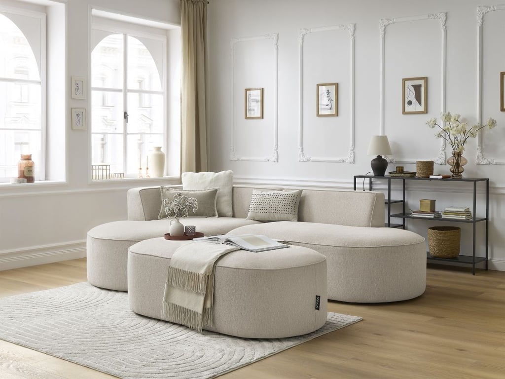 Produit similaire: Canapé d'angle fixe ROUSSEAU tissu chiné avec pouf beige angle gauche BOBOCHIC 5 places