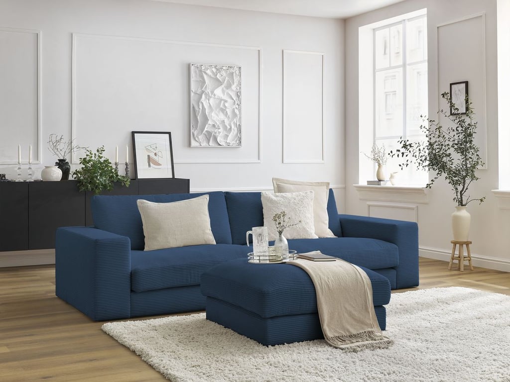 Produit similaire: Canapé droit fixe 3 places compact LEONARD velours côtelé avec pouf bleu foncé BOBOCHIC