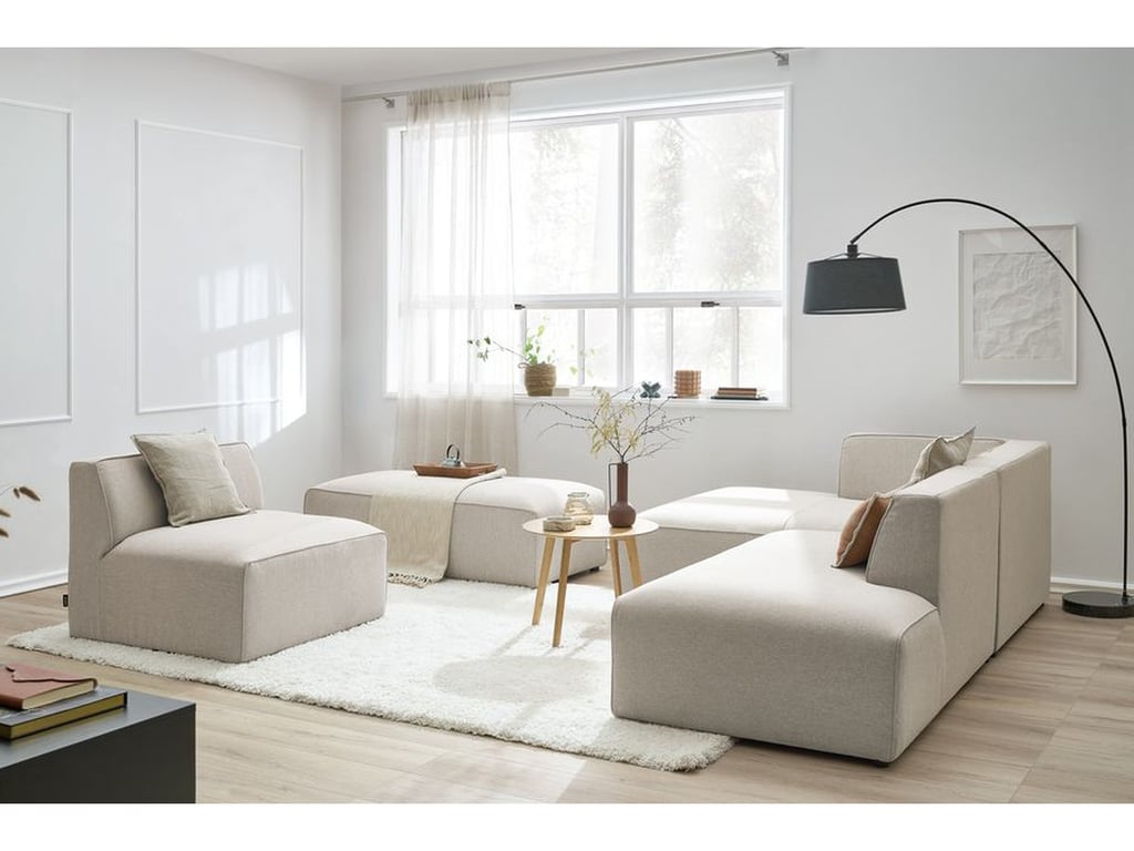 Produit similaire: Canapé d'angle fixe modulable MEGEVE tissu chiné avec 1 chauffeuse et 1 pouf beige angle gauche BOBOCHIC 6 places