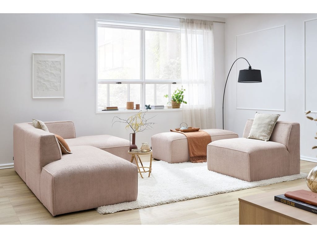 Produit similaire: Canapé d'angle fixe modulable MEGEVE tissu velours côtelé avec 1 chauffeuse et 1 pouf rose angle droit BOBOCHIC 6 places