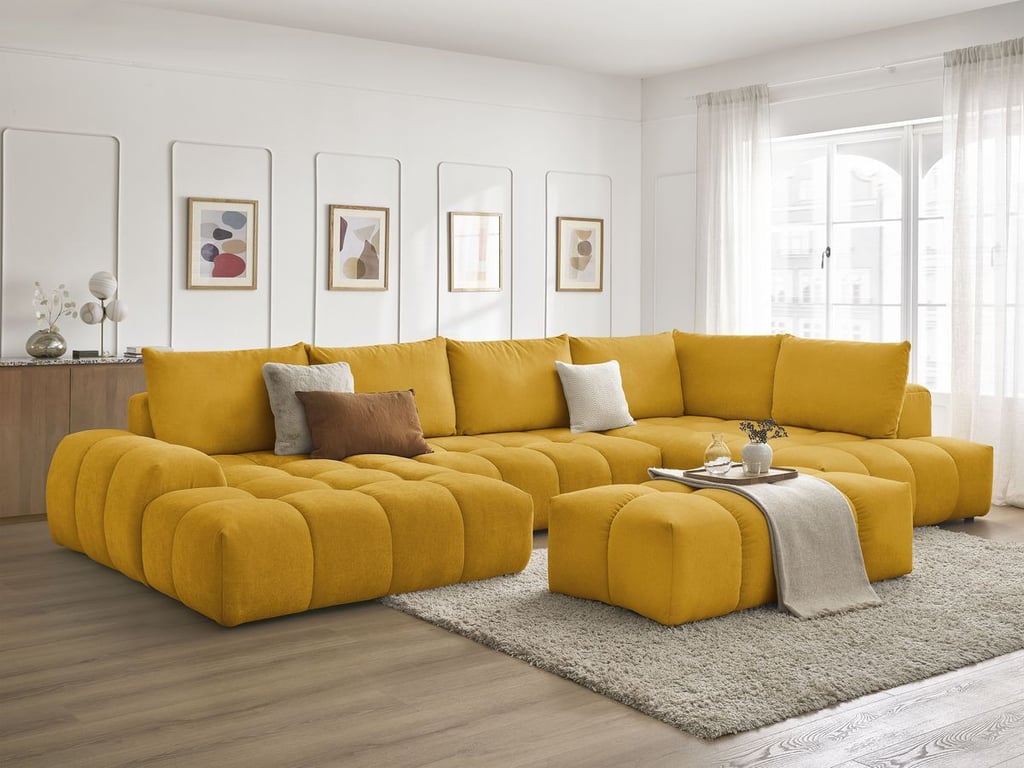 Produit similaire: Canapé panoramique convertible coffre EVEREST tissu texturé avec pouf jaune angle gauche BOBOCHIC 7 places