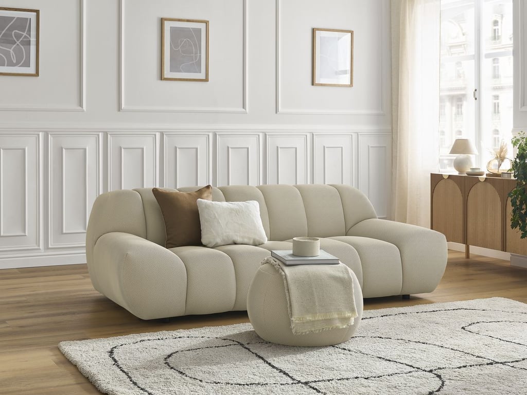 Produit similaire: Canapé droit fixe 2 places HAYDEN tissu mesh avec pouf petit beige BOBOCHIC