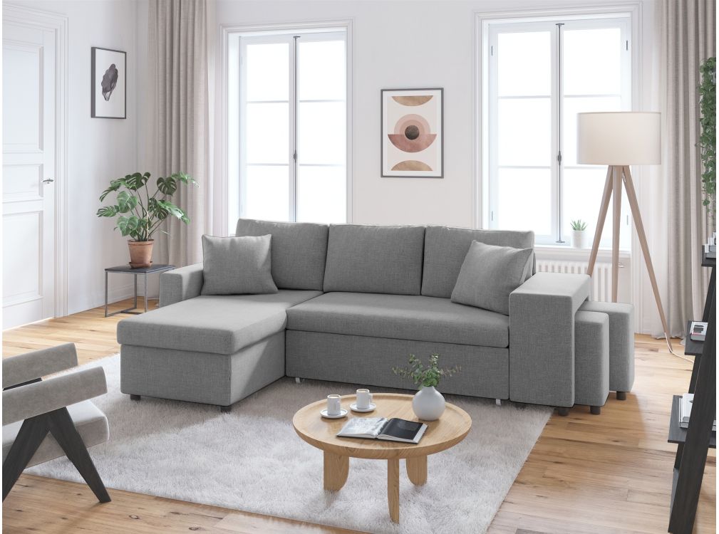 Produit similaire: Canapé d'angle OSLO convertible avec coffre et poufs en tissu