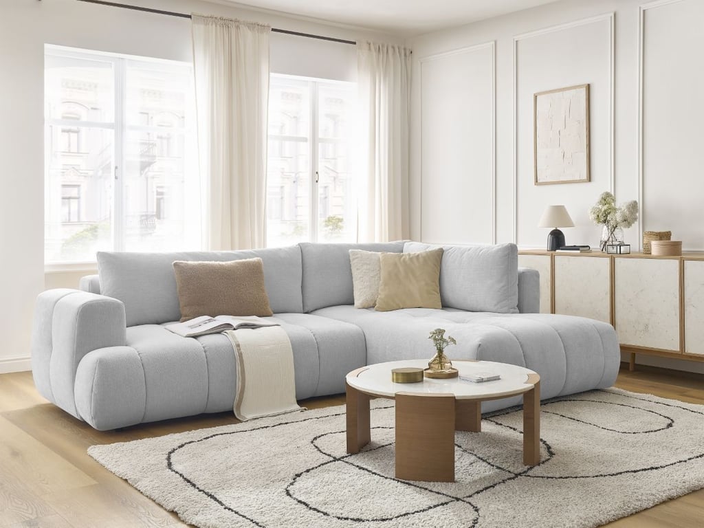 Produit similaire: Canapé d'angle L convertible FUJI tissu lisse gris clair angle droit BOBOCHIC 4 places