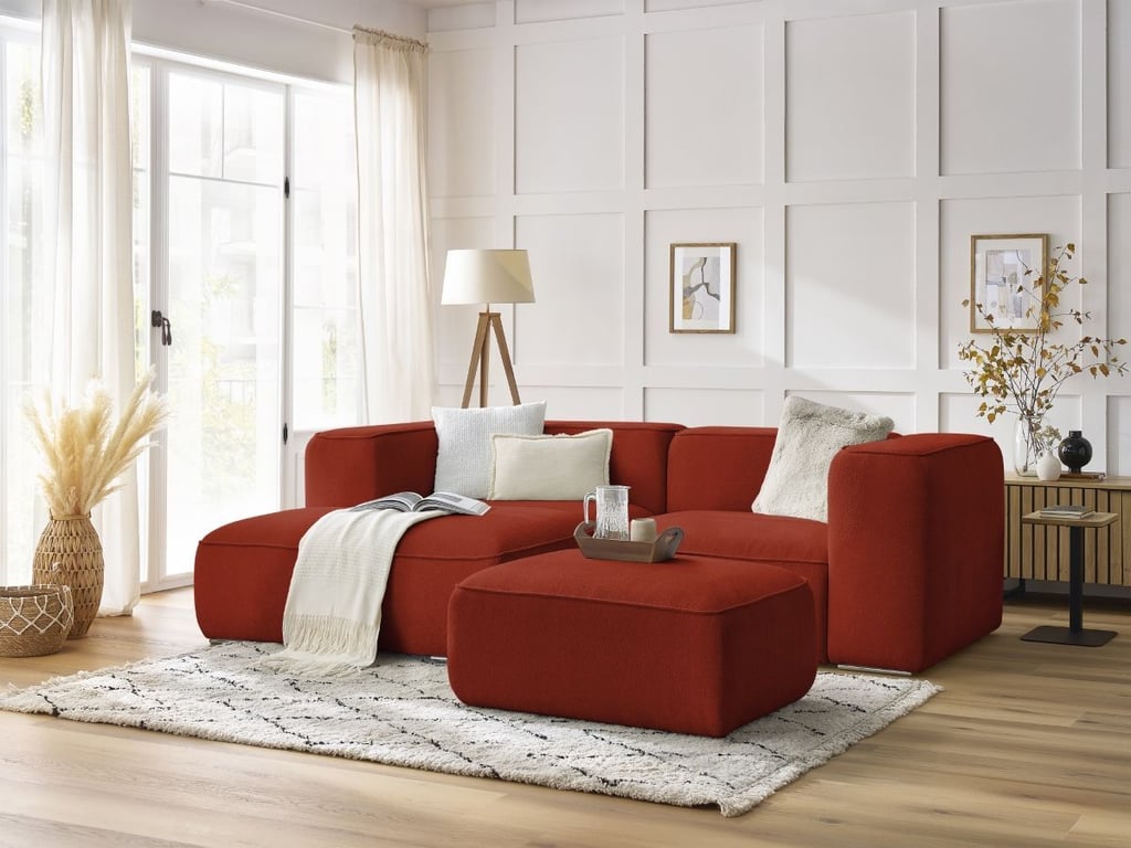 Produit similaire: Canapé d'angle fixe compact ZEPHYR avec pouf orange angle gauche BOBOCHIC 4 places