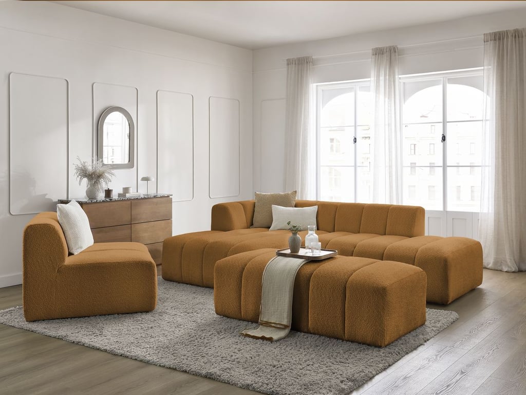 Produit similaire: Canapé d'angle fixe modulable ANNECY tissu bouclette avec 1 chauffeuse 1 place et 1 pouf jaune angle gauche BOBOCHIC 5 places