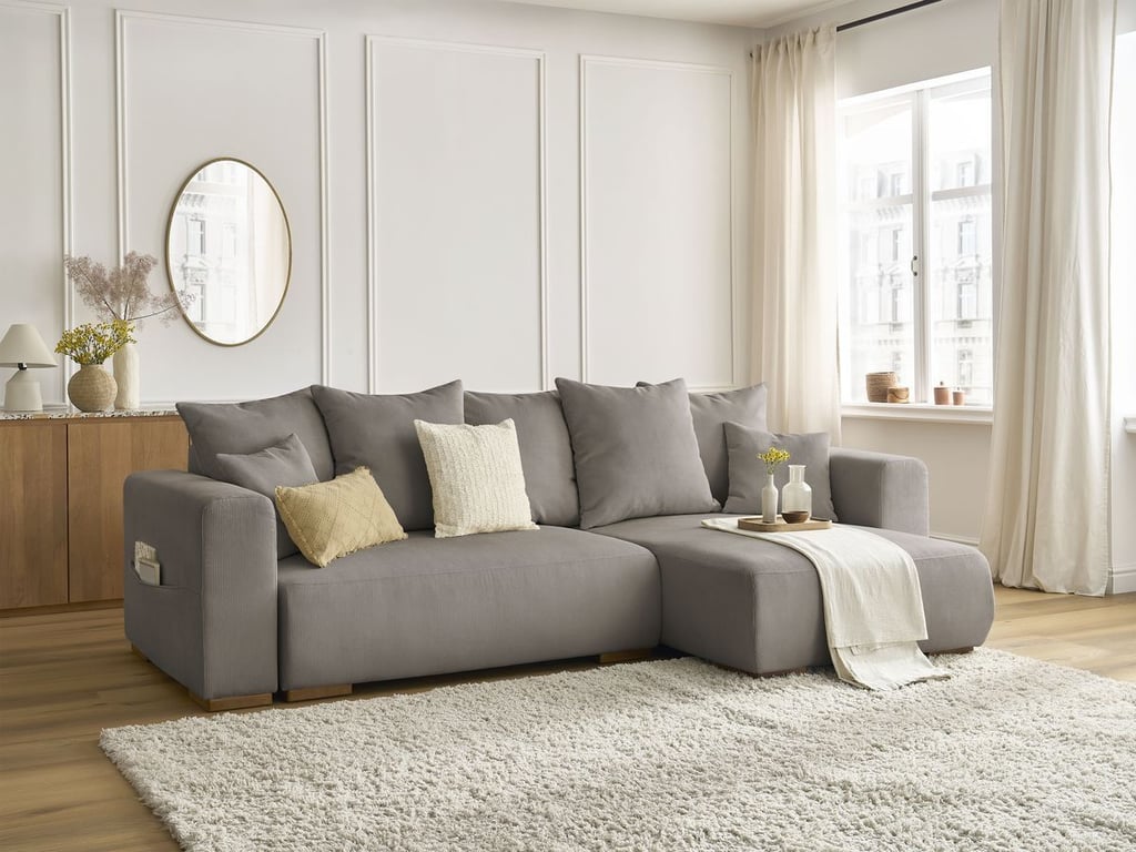 Produit similaire: Canapé d'angle convertible réversible coffre SIDONIE velours côtelé taupe BOBOCHIC 3 places