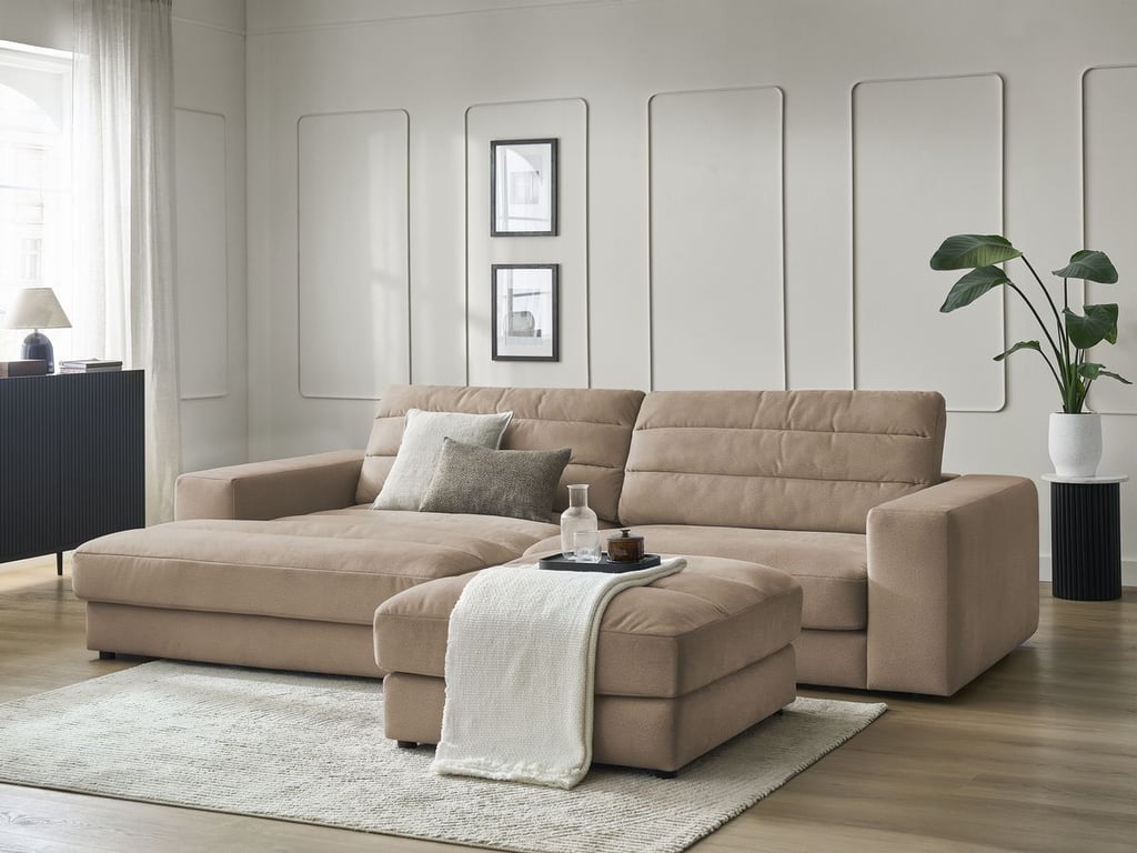 Produit similaire: Canapé d'angle fixe SIERRA velours avec pouf taupe angle gauche BOBOCHIC 4 places