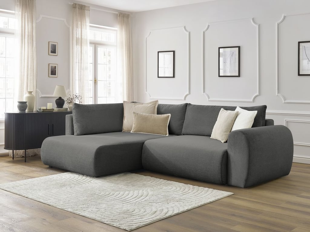 Produit similaire: Canapé d'angle L convertible coffre LUCIEN tissu lisse gris foncé angle gauche BOBOCHIC 3 places