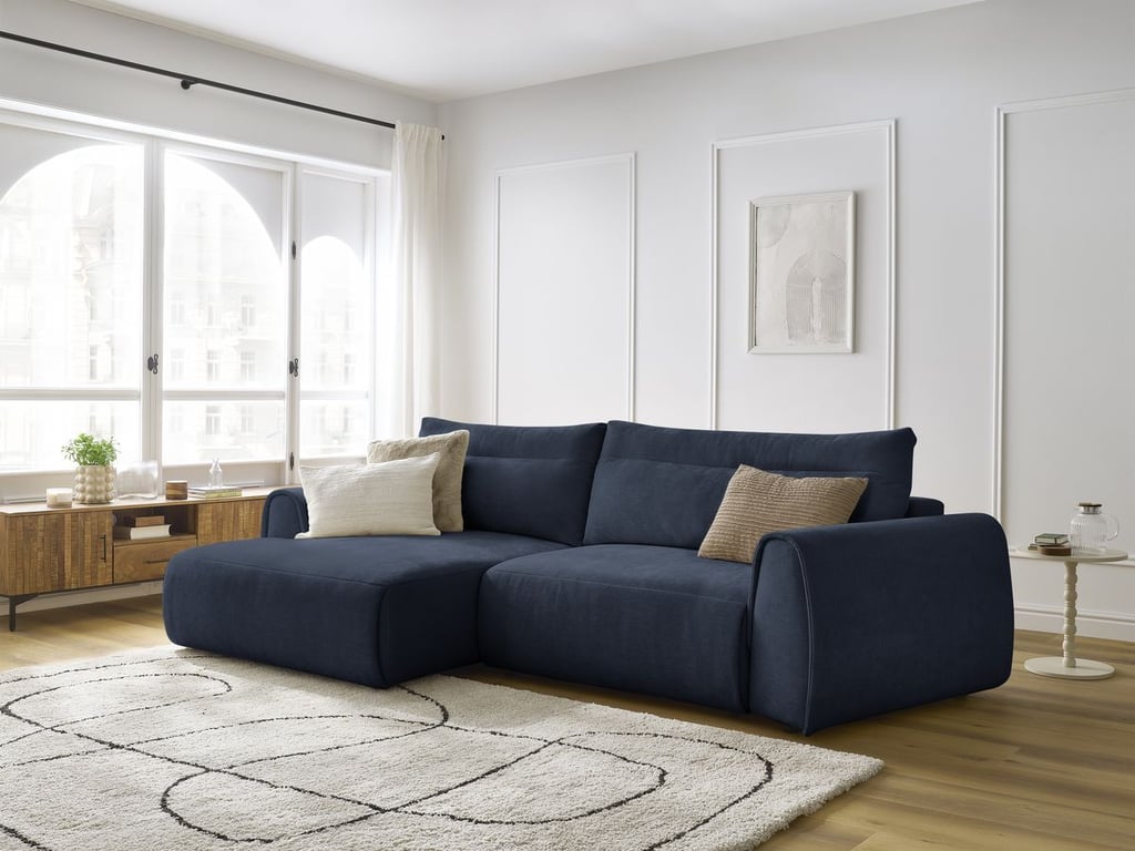 Produit similaire: Canapé d'angle incurvé fixe ADEN bleu foncé angle gauche BOBOCHIC 3 places