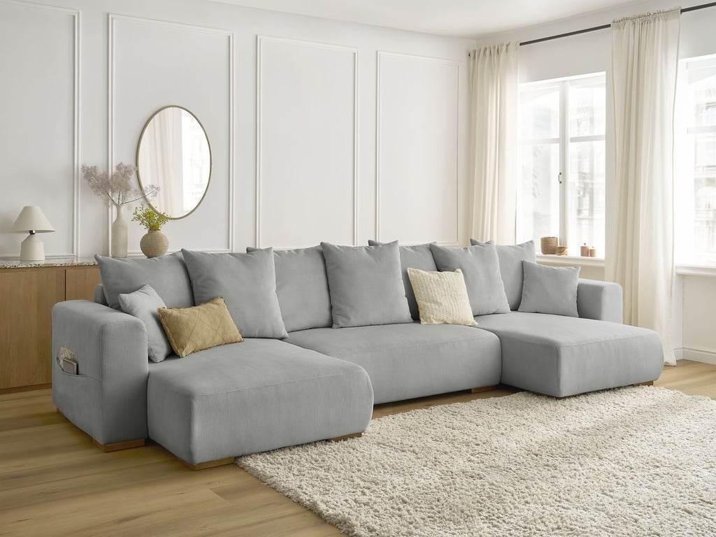 Produit similaire: Canapé panoramique convertible coffre SIDONIE velours côtelé gris clair BOBOCHIC 4 places