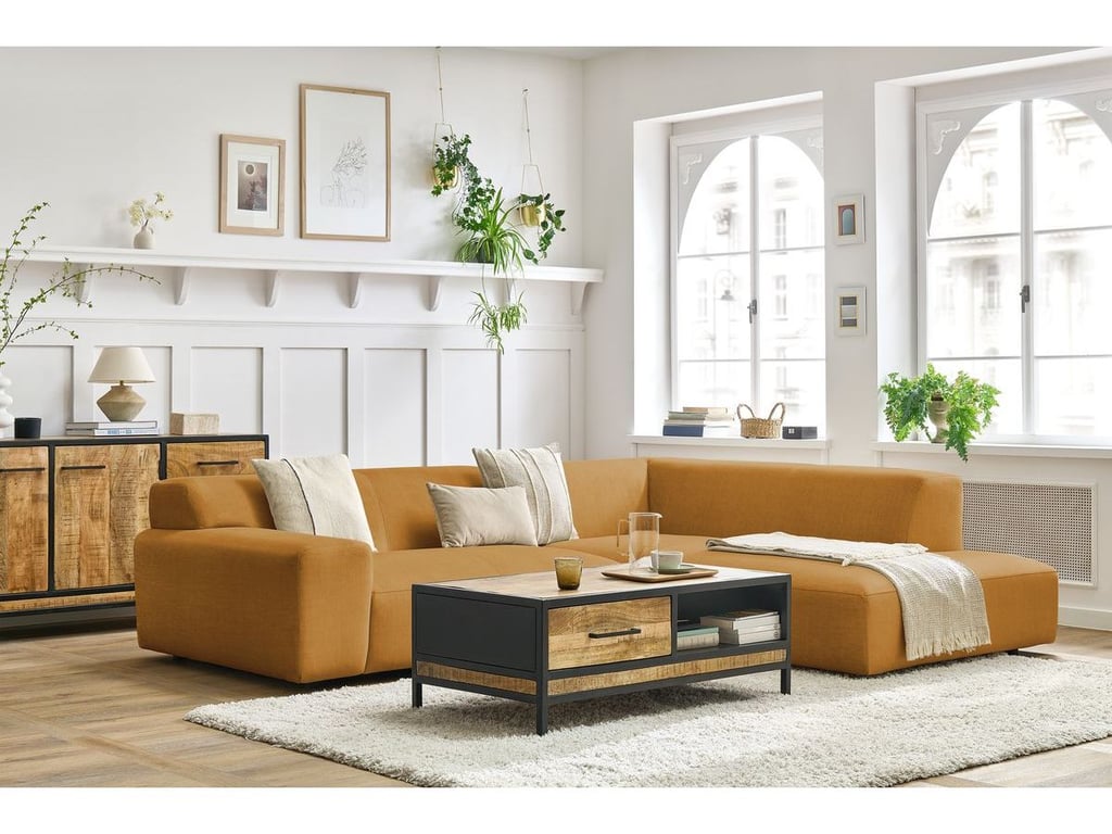 Produit similaire: Canapé d'angle fixe compact LAVENA tissu velours jaune angle droit BOBOCHIC 4 places