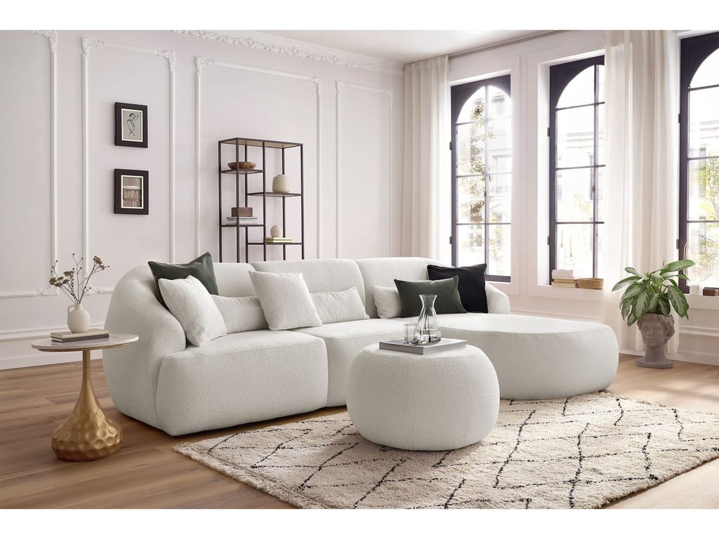 Produit similaire: Canapé d'angle fixe ALESIA tissu bouclette avec pouf blanc angle droit BOBOCHIC 4 places