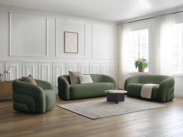 Elina ensemble canapé droit fixe + fauteuil pivotant 3 + 2 places tissu bouclette vert