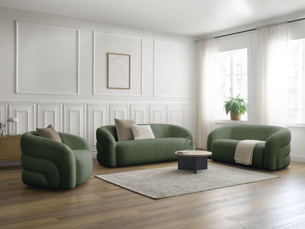 Produit similaire: Ensemble canapé droit fixe 3 + 2 places + fauteuil pivotant ELINA tissu bouclette vert BOBOCHIC