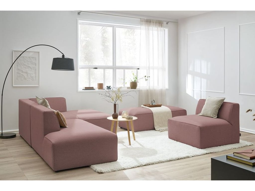 Produit similaire: Canapé d'angle fixe modulable MEGEVE tissu chiné avec 1 chauffeuse et 1 pouf rose angle droit BOBOCHIC 6 places