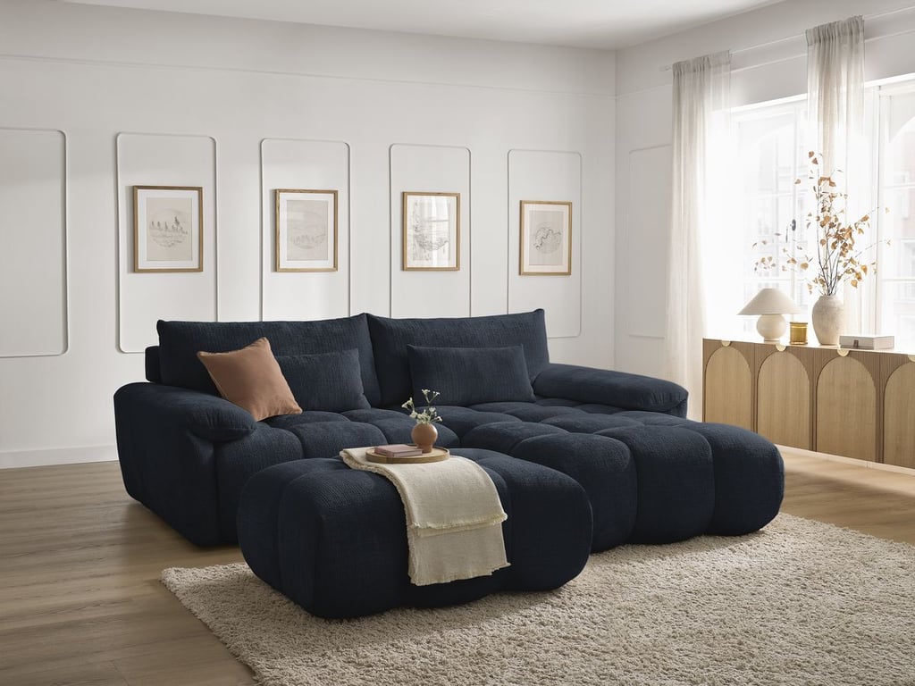 Produit similaire: Canapé d'angle fixe IVANE tissu texturé avec pouf bleu foncé angle droit BOBOCHIC 4 places
