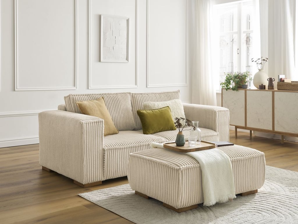 Produit similaire: Canapé droit fixe 2 places CHELSEA gros côtelé doux avec pouf taupe BOBOCHIC