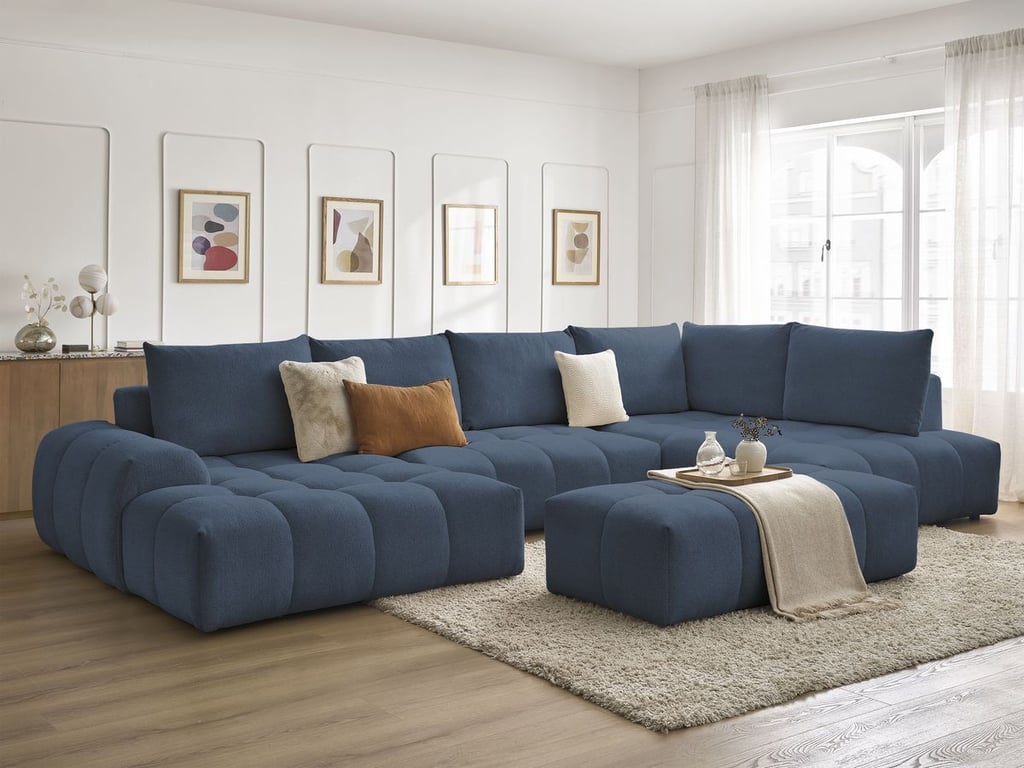 Produit similaire: Canapé panoramique convertible coffre EVEREST tissu chiné avec pouf bleu foncé angle gauche BOBOCHIC 7 places