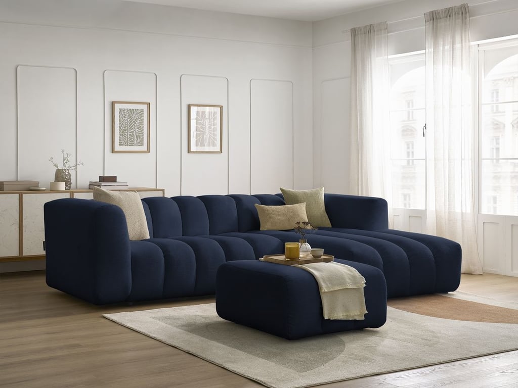 Produit similaire: Canapé d'angle fixe TALIA tissu chiné avec pouf bleu foncé angle droit BOBOCHIC 4 places