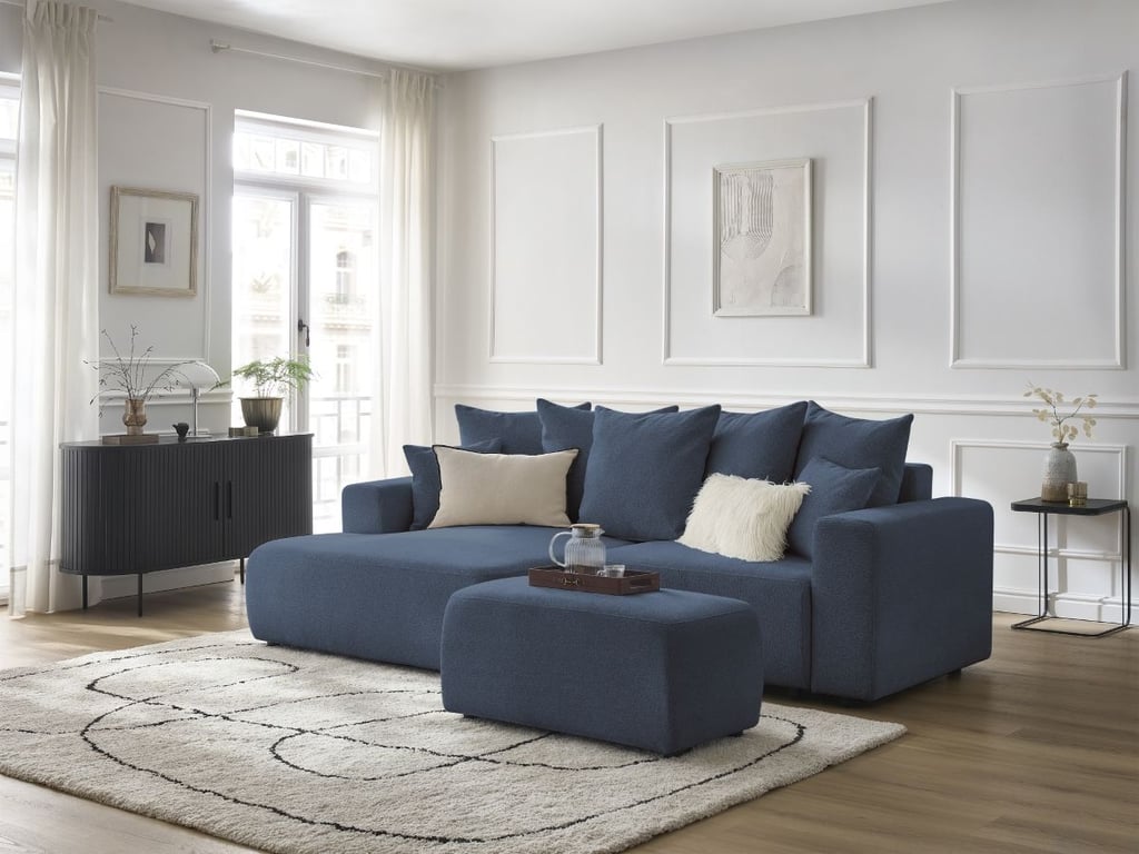 Produit similaire: Canapé d'angle convertible coffre ATILLA tissu chiné avec pouf bleu angle gauche BOBOCHIC 5 places