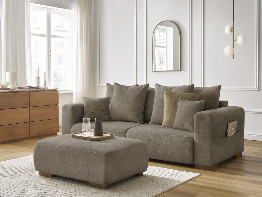 Produit similaire: Canapé droit fixe 3 places SIDONIE tissu chiné avec pouf taupe BOBOCHIC