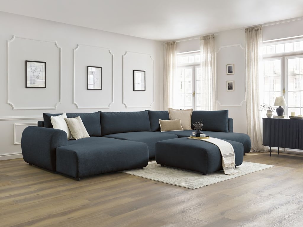 Produit similaire: Canapé panoramique convertible coffre LUCIEN tissu lisse avec pouf bleu foncé angle gauche BOBOCHIC 6 places