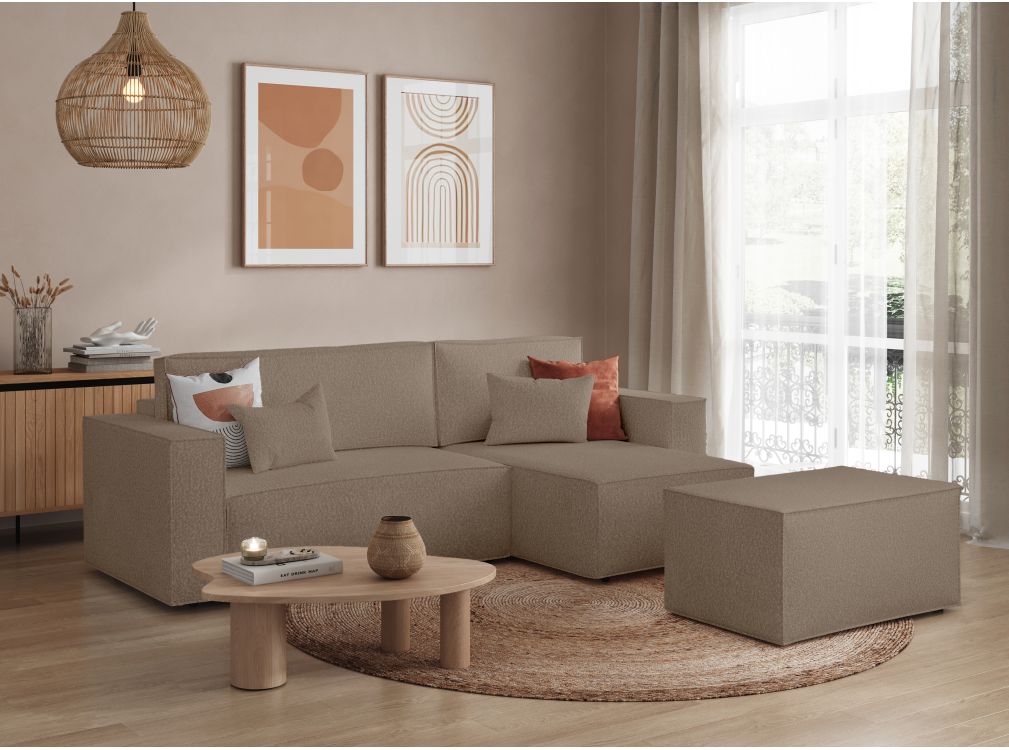 Produit similaire: PACK - CLARISSE - Canapé d'angle convertible réversible avec pouf en tissu bouclette