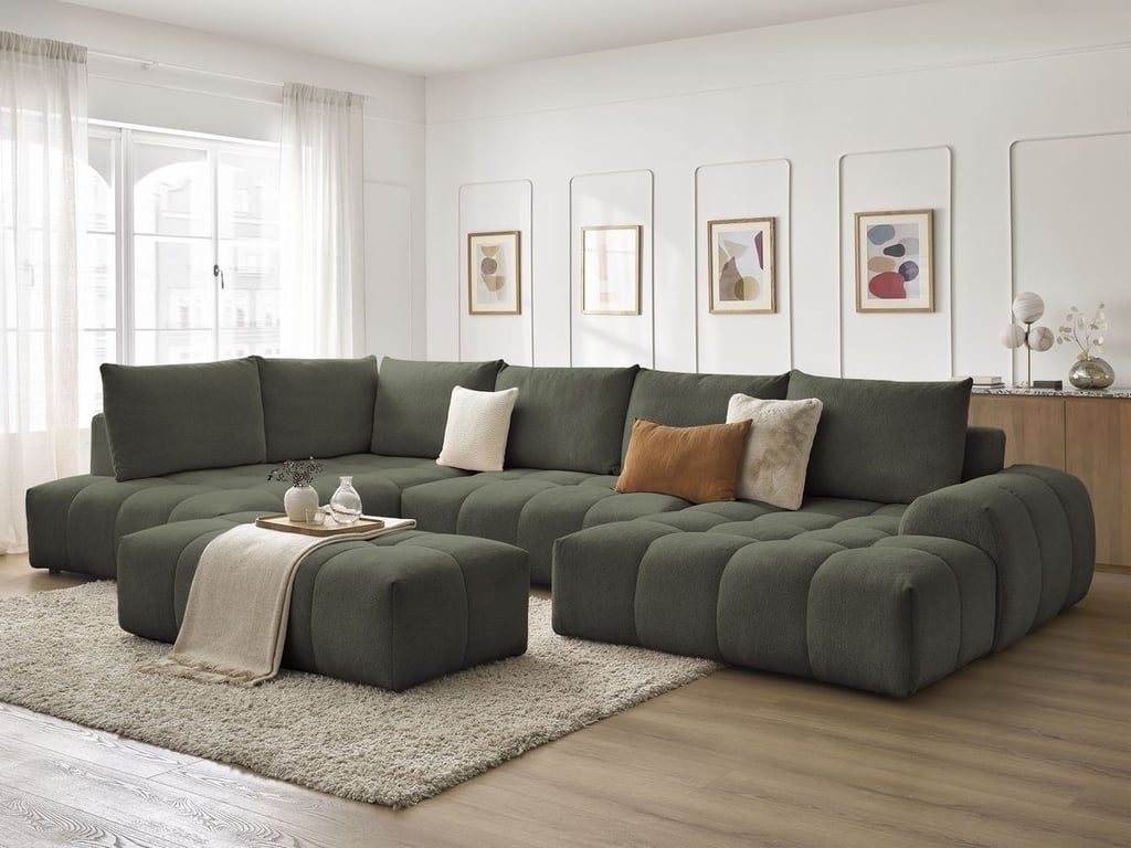 Produit similaire: Canapé panoramique convertible coffre EVEREST tissu chiné avec pouf vert angle droit BOBOCHIC 7 places