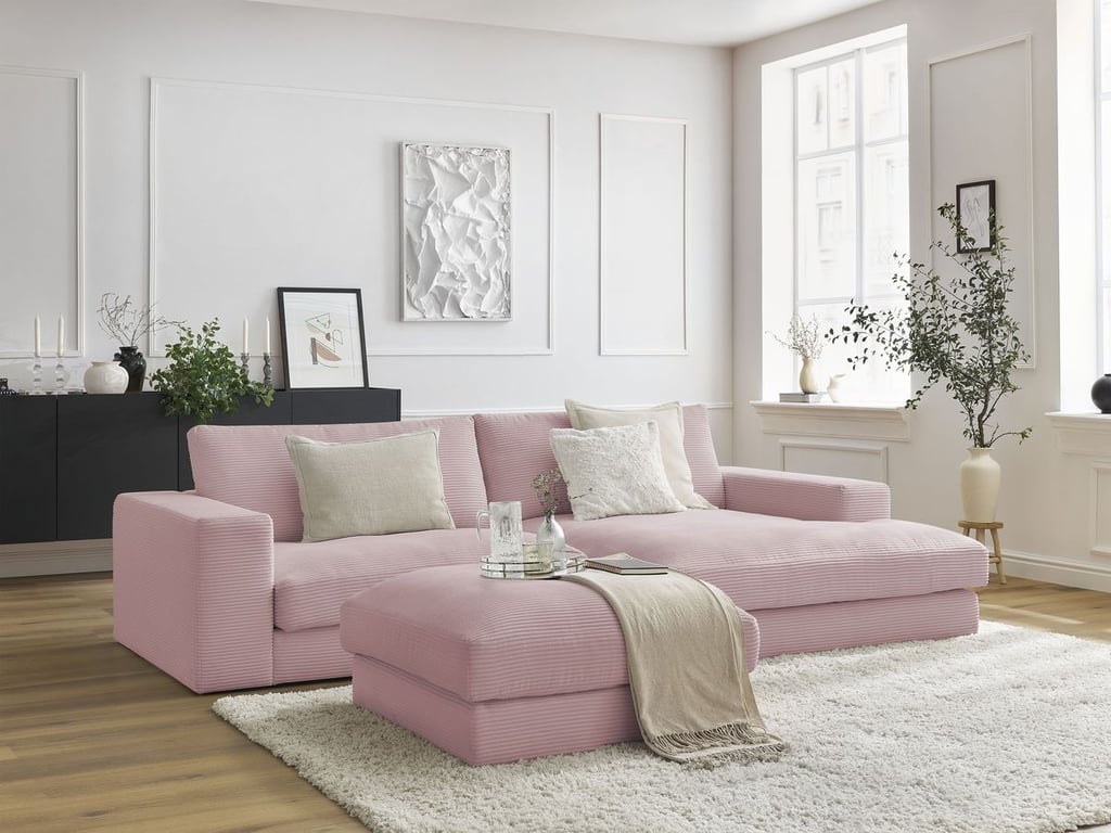 Produit similaire: Canapé d'angle fixe compact LEONARD velours côtelé avec pouf violet angle droit BOBOCHIC 3 places