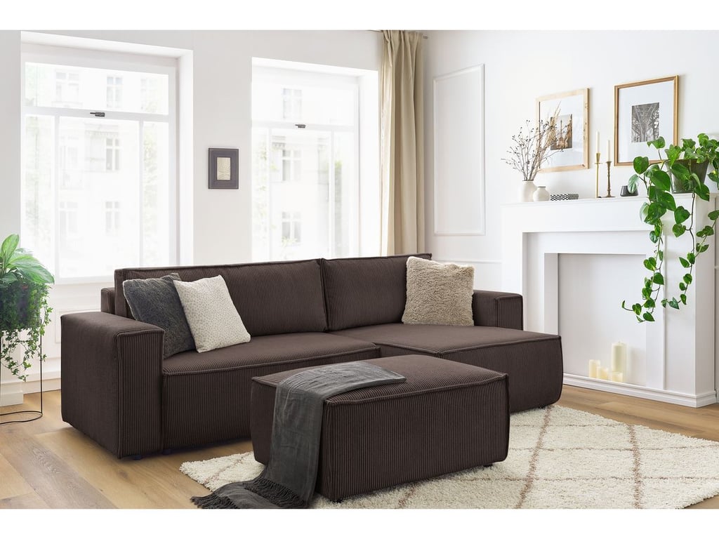 Produit similaire: Canapé d'angle réversible convertible coffre NIHAD velours côtelé avec pouf marron BOBOCHIC 5 places